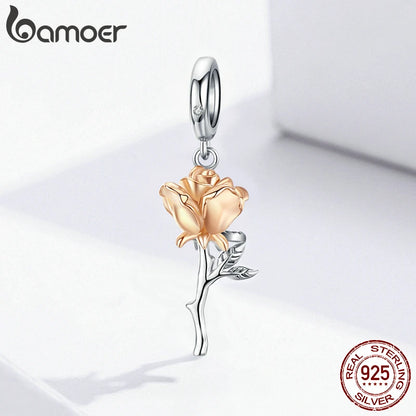 3D Rose Flower Pendant Charm 925 Sterling Silver Rose Gold Color Charms for Bracelet or Necklace DIY Sunflower Charms