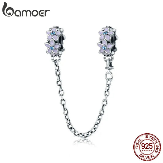100% 925 Sterling Silver Purple Enamel Daisy Flower Safety Chain Stopper Charm Fit Charm Bracelet DIY Jewelry SCC602