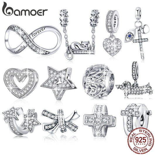 925 Sterling Silver Clear 5A Crystal Collection Family Heart Cross Charm Beads Fit for Charm Bracelet & Necklace Pendant