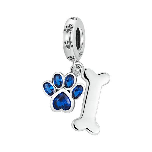 925 Sterling Silver Dog Paw & Bone Pendant - Blue Charm