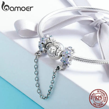 100% 925 Sterling Silver Purple Enamel Daisy Flower Safety Chain Stopper Charm Fit Charm Bracelet DIY Jewelry SCC602