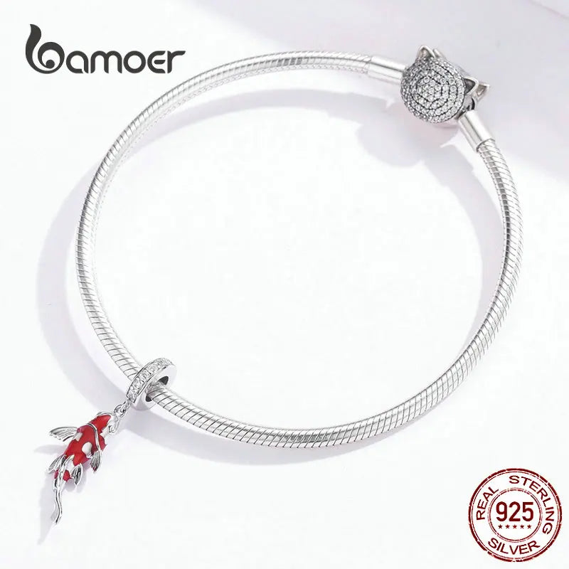 925 Sterling Silver Red Enamel Fish Pendant Lucky Koi Dangle Charm Originaal for Women Bracelet Necklace DIY Fine Jewelry
