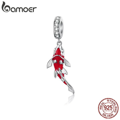 925 Sterling Silver Red Enamel Fish Pendant Lucky Koi Dangle Charm Originaal for Women Bracelet Necklace DIY Fine Jewelry