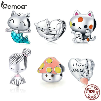 925 Sterling Silver Kitty Mermaid Charm Blue Enamel Bead Pendant for Charm Bracelet Bangle DIY Making for Girl