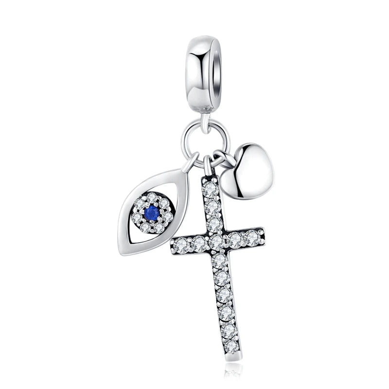 925 Sterling Silver Clear 5A Crystal Collection Family Heart Cross Charm Beads Fit for Charm Bracelet & Necklace Pendant