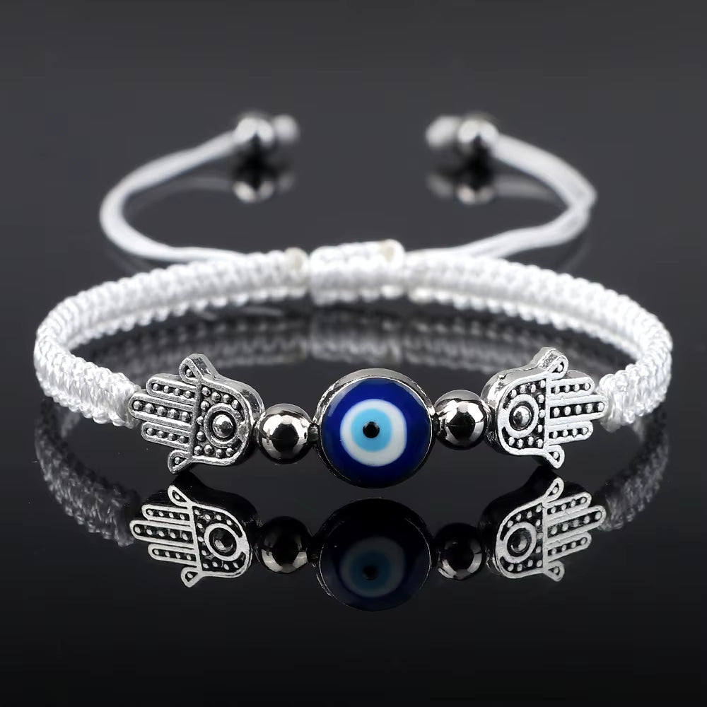 Evil Eye Braided Bracelet with Hamsa - White