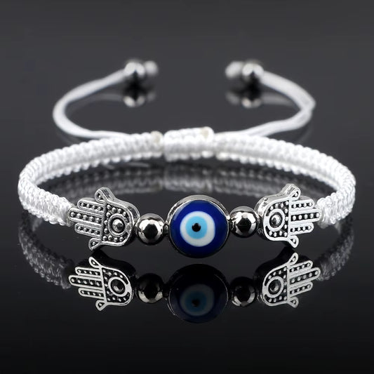 Evil Eye Braided Bracelet with Hamsa - White