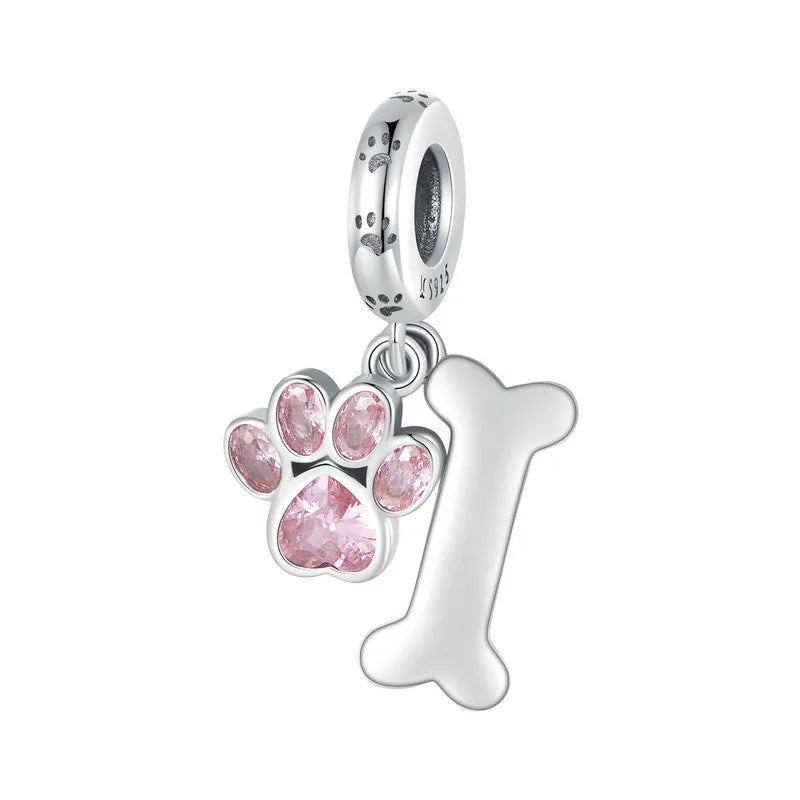 925 Sterling Silver Dog Paw & Bone Pendant - Pink Charm