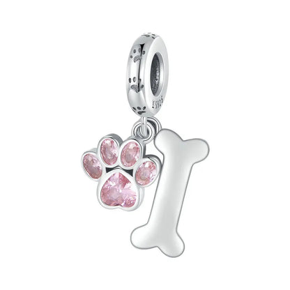 925 Sterling Silver Dog Paw & Bone Pendant - Pink Charm