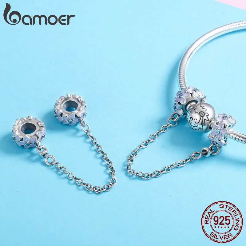 100% 925 Sterling Silver Purple Enamel Daisy Flower Safety Chain Stopper Charm Fit Charm Bracelet DIY Jewelry SCC602