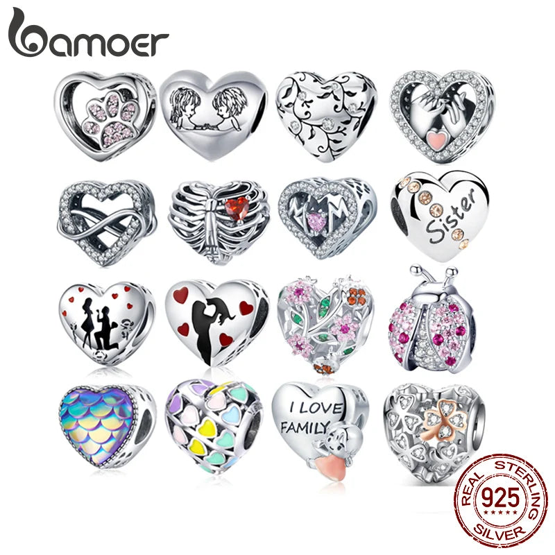 925 Sterling Silver Heart-Shape Collection Charms Cat Love Paw Footprints Charms Fit for Charm Bracelet Fine Jewelry