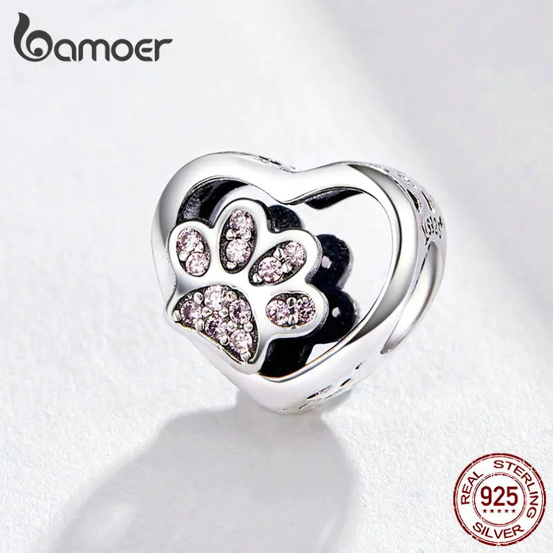 925 Sterling Silver Heart-Shape Collection Charms Cat Love Paw Footprints Charms Fit for Charm Bracelet Fine Jewelry