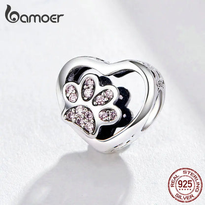 925 Sterling Silver Heart-Shape Collection Charms Cat Love Paw Footprints Charms Fit for Charm Bracelet Fine Jewelry