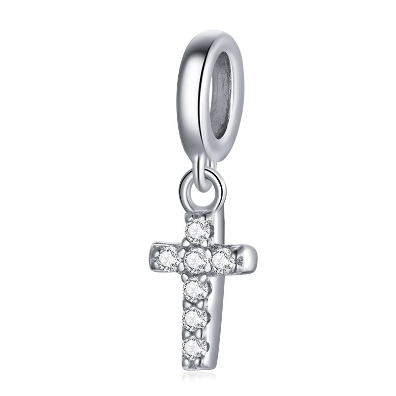 925 Sterling Silver Clear 5A Crystal Collection Family Heart Cross Charm Beads Fit for Charm Bracelet & Necklace Pendant