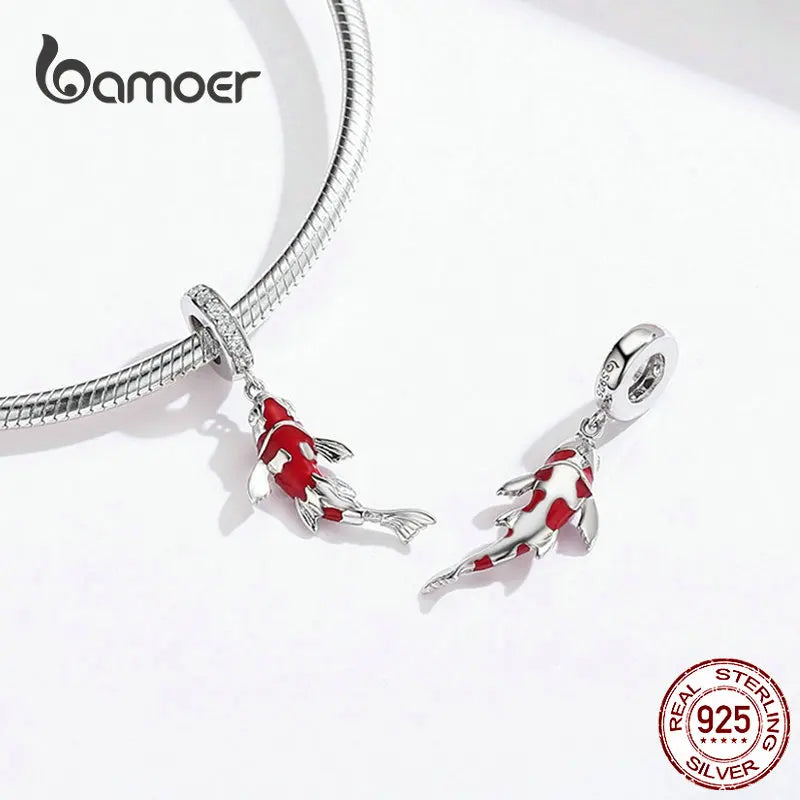 925 Sterling Silver Red Enamel Fish Pendant Lucky Koi Dangle Charm Originaal for Women Bracelet Necklace DIY Fine Jewelry