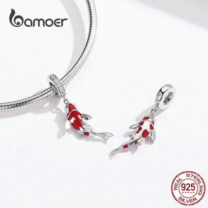 925 Sterling Silver Red Enamel Fish Pendant Lucky Koi Dangle Charm Originaal for Women Bracelet Necklace DIY Fine Jewelry