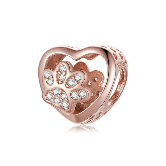 925 Sterling Silver Heart Charm with Paw Print - Rose Gold