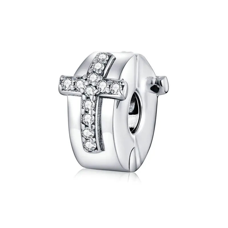 925 Sterling Silver Clear 5A Crystal Collection Family Heart Cross Charm Beads Fit for Charm Bracelet & Necklace Pendant