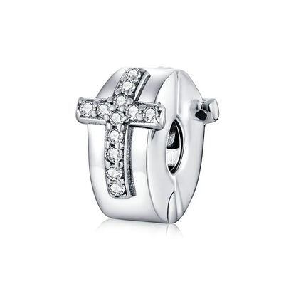 925 Sterling Silver Clear 5A Crystal Collection Family Heart Cross Charm Beads Fit for Charm Bracelet & Necklace Pendant